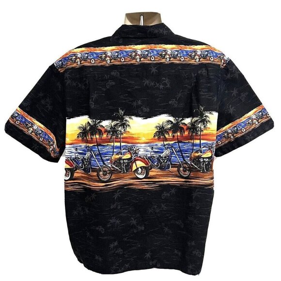KYs Vintage Black Hawaiian Aloha Button Front Shirt 2XL Pocket Motorcycle USA - Picture 3 of 9